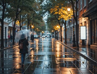 Woman walking with transparent umbrella on rainy city street at dusk