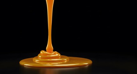 Thick, golden caramel sauce pouring and swirling into a puddle on a dark reflective surface, creating a rich and delicious dessert topping