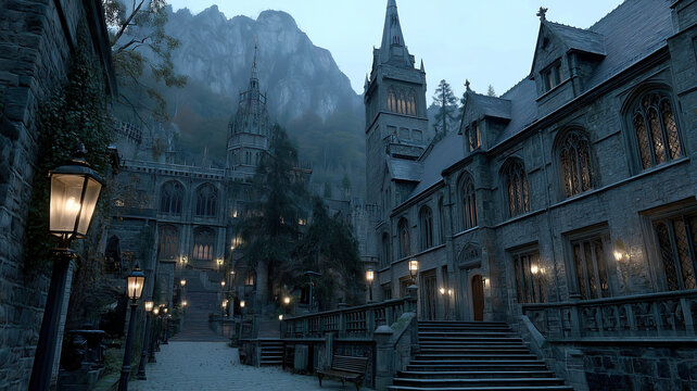 Enchanted dark castle amidst misty mountains in a mystical fantasy landscape