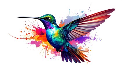 Obraz premium A vibrant hummingbird illustration with colorful splashes.