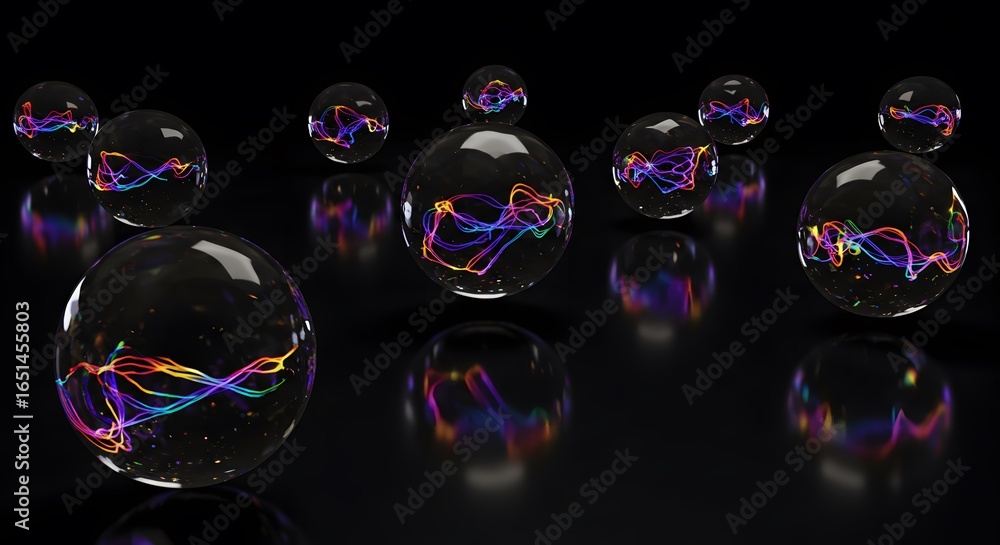 Poster abstract spheres with colorful swirling energy inside, reflecting on a dark glossy surface, creating