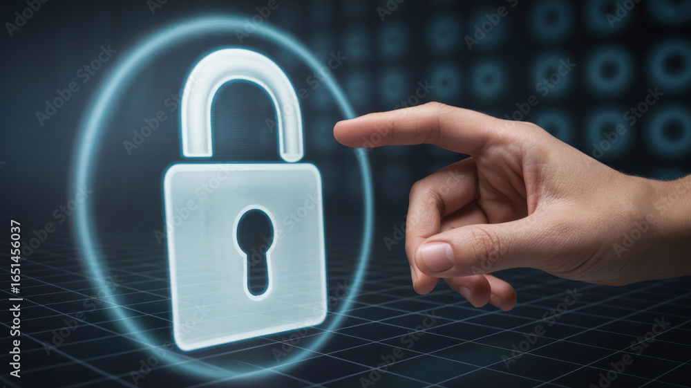 Aufkleber digital security concept with hand touching padlock icon on virtual screen for data protection and p