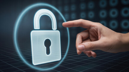 Digital Security Concept with Hand Touching Padlock Icon on Virtual Screen for Data Protection and Privacy