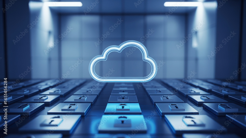 Poster cloud computing security concept with padlocks on keyboard keys and data protection technology