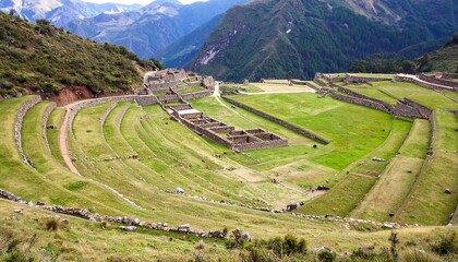 Fototapeta premium Ancient terraced fields and ruins on a mountain slope.