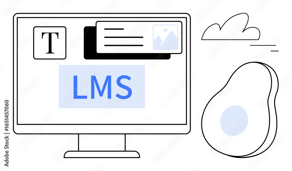 Poster desktop screen displaying lms text, editing tools, and visual content icons with abstract elements. 