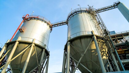 Two large metal silos against a clear blue sky.