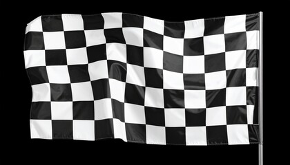 Black and white checkered racing flag waving, iconic symbol of motorsports used to signal the end of a race, with alternating squares in a bold grid pattern.