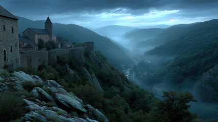 Dark castle overlooking a misty valley during twilight in a fantasy landscape