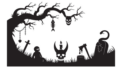Spooky vector illustration of a halloween pumpkin and bats flying at night in a cartoon landscape with a scary tree silhouette and a full moon