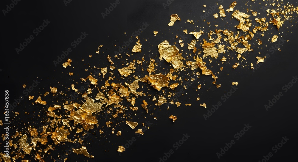 Aufkleber scattered gold leaf fragments creating a dynamic, luxurious pattern against a stark black background