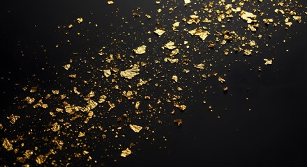 Scattered gold leaf fragments shimmering against a dark, luxurious background, creating an abstract and elegant texture
