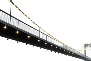 Suspension bridge illuminated with light bulbs and string lights on transparent background