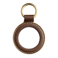 Brown leather keychain with golden ring isolated on transparent background