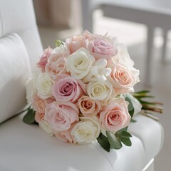 Obraz premium Romantic pastel bridal bouquet of roses resting on a white chair, symbolizing elegance and wedding beauty.
