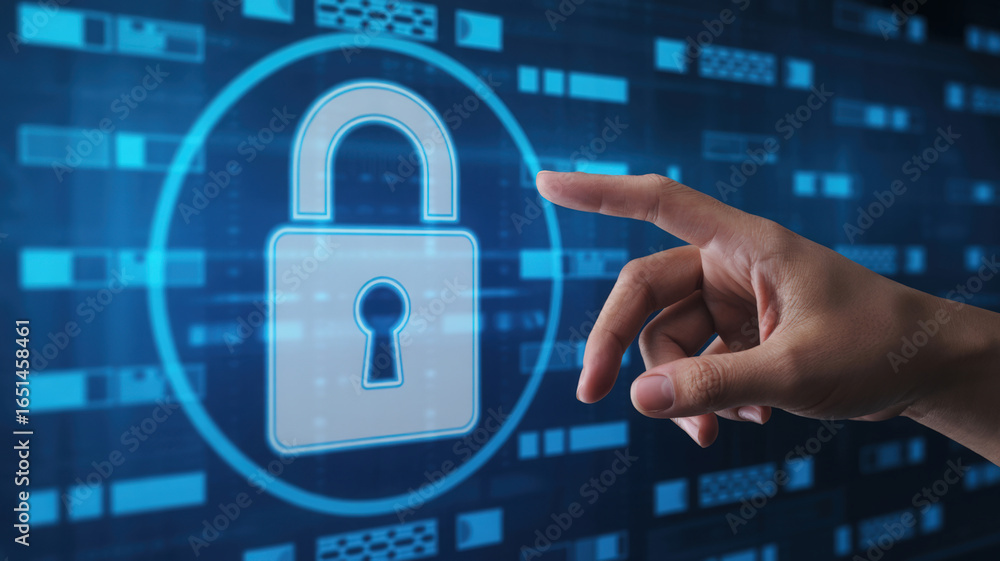 Poster digital security concept with hand touching padlock icon on futuristic blue background for data prot