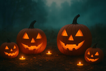 Fototapeta premium Classic Halloween scene with carved pumpkins glowing in darkness