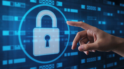 Digital Security Concept with Hand Touching Padlock Icon on Futuristic Blue Background for Data Protection