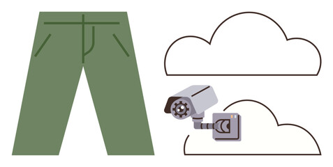 Green trousers, a gray surveillance camera, and outlined cloud shapes convey themes of privacy, security, and surveillance. Ideal for technology, privacy, security, fashion cloud technology data