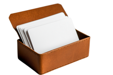 Blank white cards in brown leather box, stationery on transparent background
