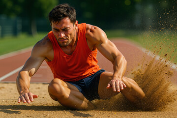 Athletic man landing in sand after a long jump with intense focus on an outdoor track