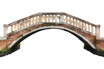 Picturesque brick arch bridge over water canal on transparent background