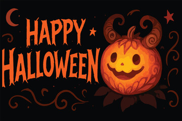 Happy Halloween greeting card with spooky pumpkin jack o lantern with horns, creepy smile, dark background, perfect for party invitations, posters, banners and holiday decorations
