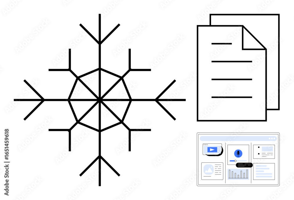 Poster snowflake design near stacked documents and a computer dashboard with charts and graphs. ideal for d