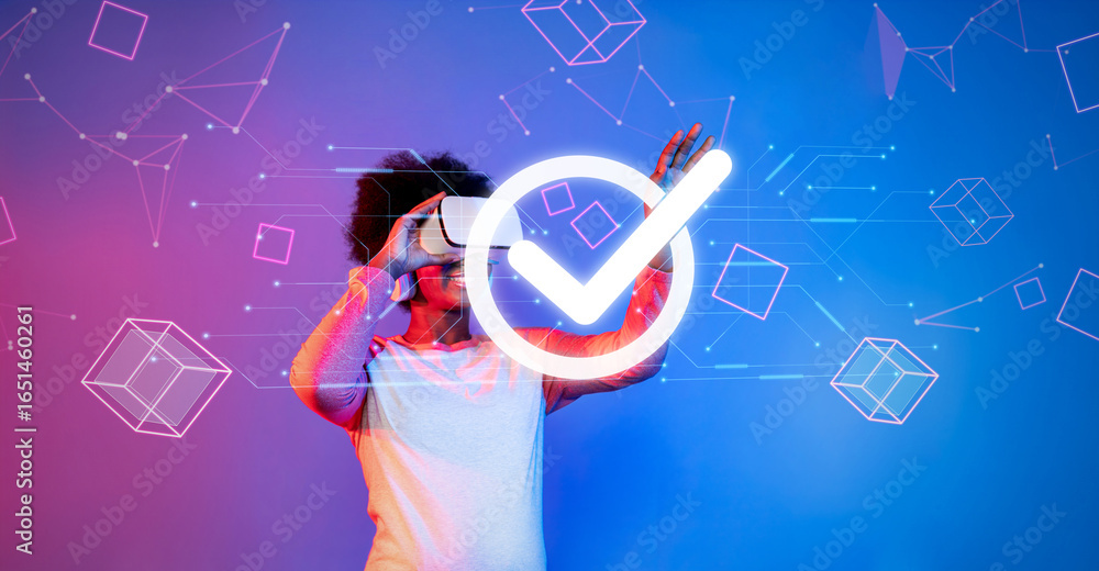 Poster explore the fusion of virtual reality technology and quality assurance management in a vibrant setti