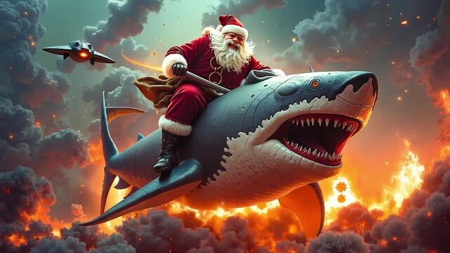 A santa claus riding on top of a shark in the sky