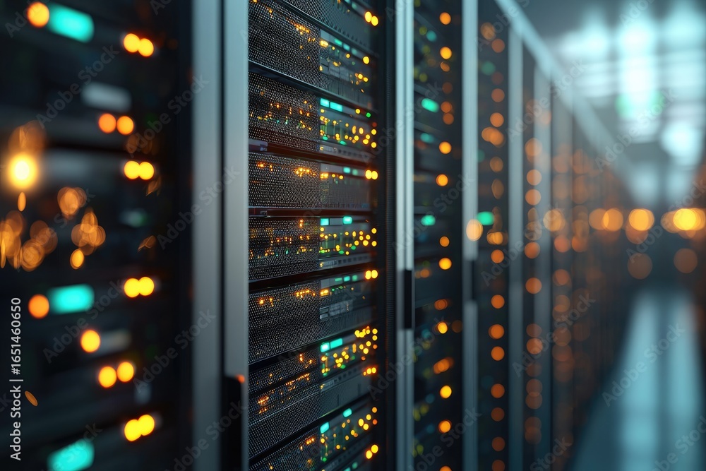 Poster data center server racks with glowing indicator lights and network hardware, ideal for illustrating 
