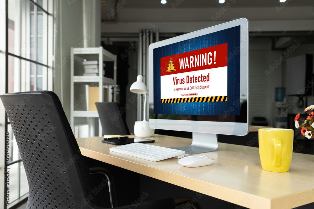 Poster virus warning alert on computer screen detected modish cyber threat , hacker, computer virus and mal