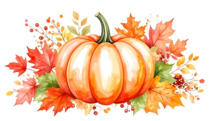 Vibrant autumnal pumpkin surrounded by colorful leaves and berries.