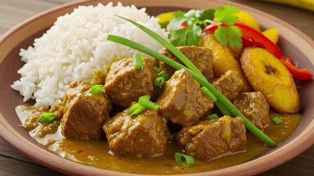 "Caribbean Curry Goat Dish with Mango and Plantains"