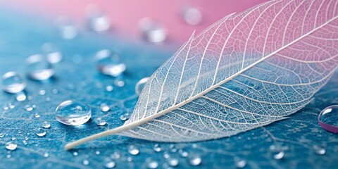 Skeletal Leaf and Water Droplets Macro Photography, Blue and Pink Gradient, Nature Concept, Macro Photography, Water Droplets Keywords Macro, Nature