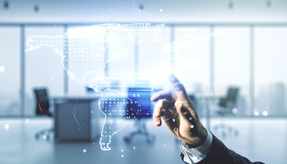 A hand interacts with a digital world map projection in an office space.