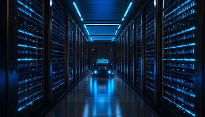 Fototapeta premium Futuristic robotic system navigating a modern data center corridor filled with server racks illuminated by blue LED lights on white background concept