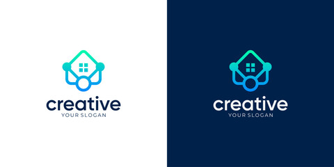 House with Dots Strip Tech Connect Logo Design Inspirations. Abstract Vector of Home Digital Tech Concept.