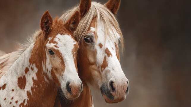 Two horses standing closely together in a warm, rustic setting representing companionship and tranquility - Powered by Adobe