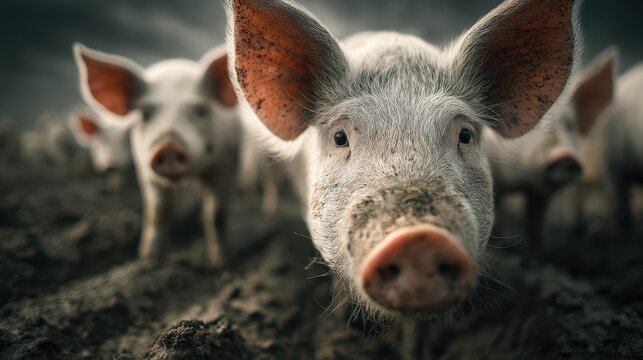 Close-up view of pigs in a muddy farm field during overcast weather in the countryside