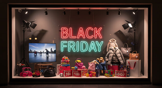 Brightly lit store window with neon sign reading “Black Friday” and discounted products