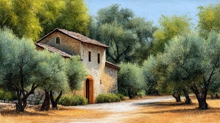 pastel painting of Sicilian olive garden, high resolution 8K wall art home decor