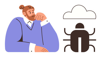 Man thinking beside cloud and bug icons, representing software troubleshooting. Ideal for problem-solving, technology, cybersecurity, innovation, software development, strategy, simple flat metaphor