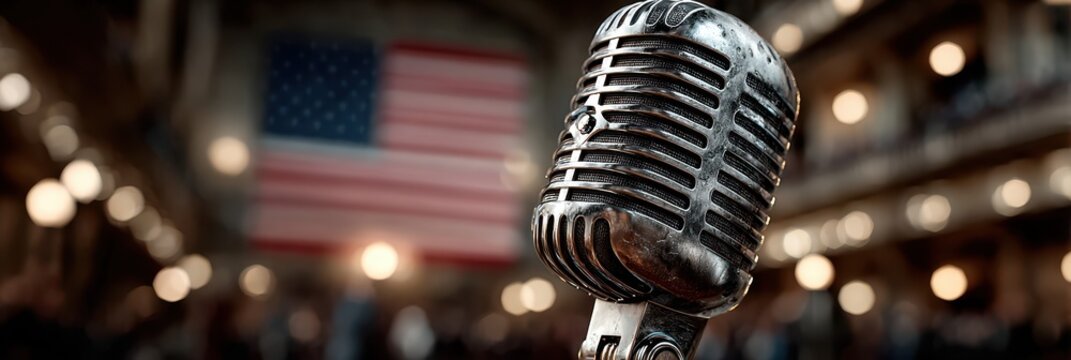 Vintage microphone stands in front of an American flag, evoking a sense of nostalgia and the power of spoken word