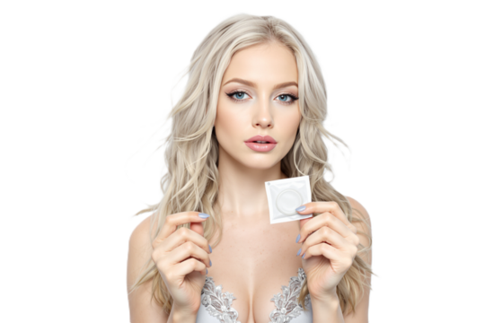 Exotic albino woman holding a condom wrapper packet, copy space, white background. Safe sex protection contraceptive, sexual health, intimate adult couple games concep
