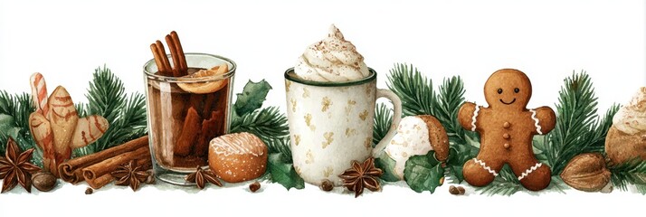 Delicious holiday treats and beverages arranged with decorative greenery and spices