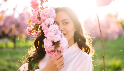 Fototapeta premium Woman adorned with cherry blossoms in a spring garden.