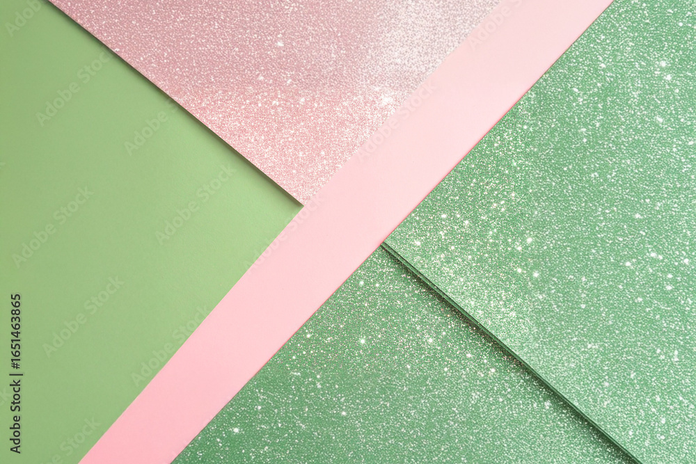 Poster top view of overlapping geometric shapes in pastel shades of pink and green, some with a fine glitte