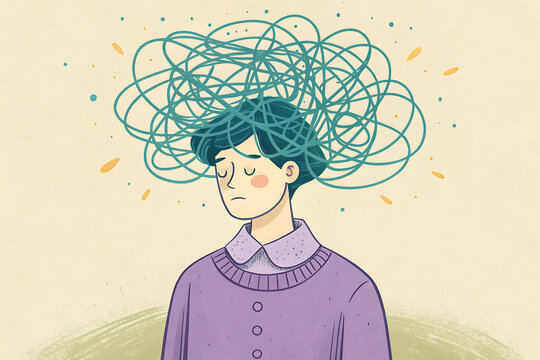 Person experiencing mental overload, tangled thoughts, feeling overwhelmed and stressed