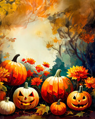 Colorful Autumn Holiday Decor: An Outdoor Halloween Illustration with Jack-O-Lanterns, Trees, and Copy Space 120